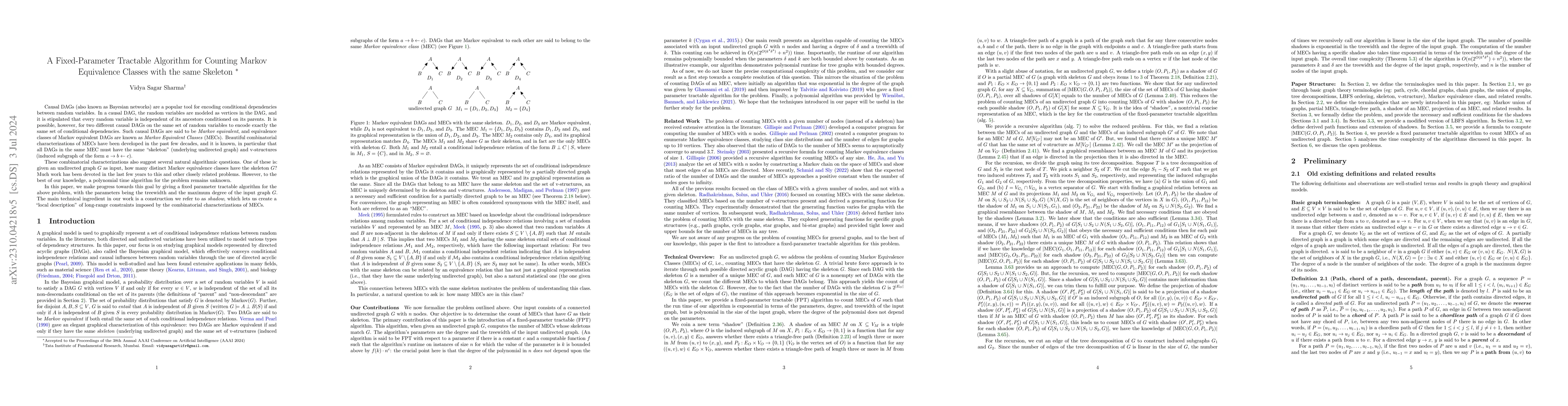 Thumbnail for A Fixed-Parameter Tractable Algorithm for Counting Markov Equivalence
  Classes with the same Skeleton
