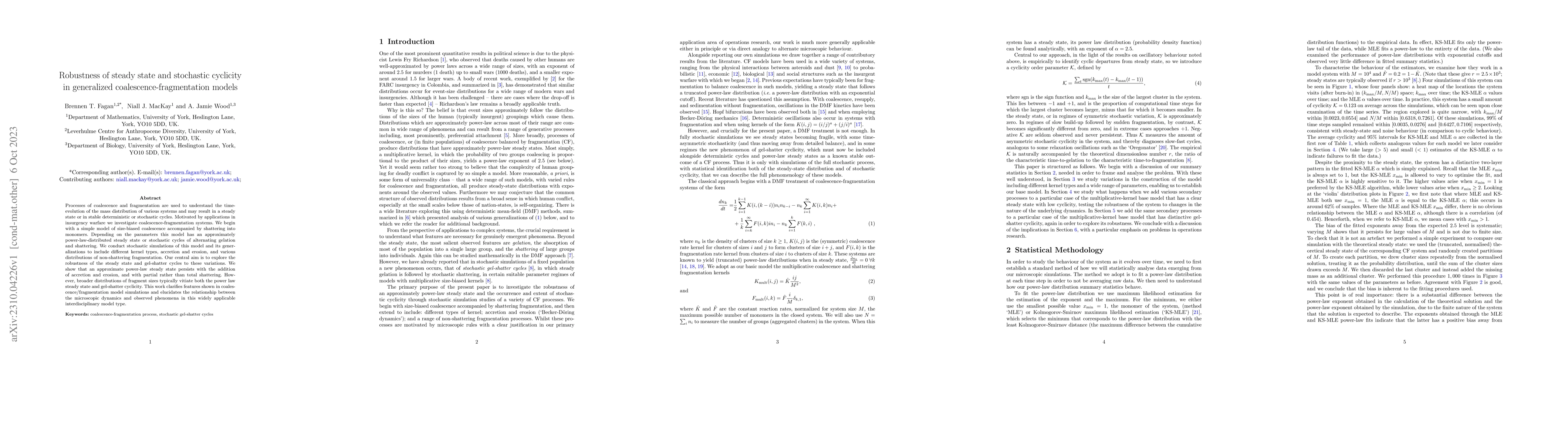 Thumbnail for Robustness of steady state and stochastic cyclicity in generalized
  coalescence-fragmentation models