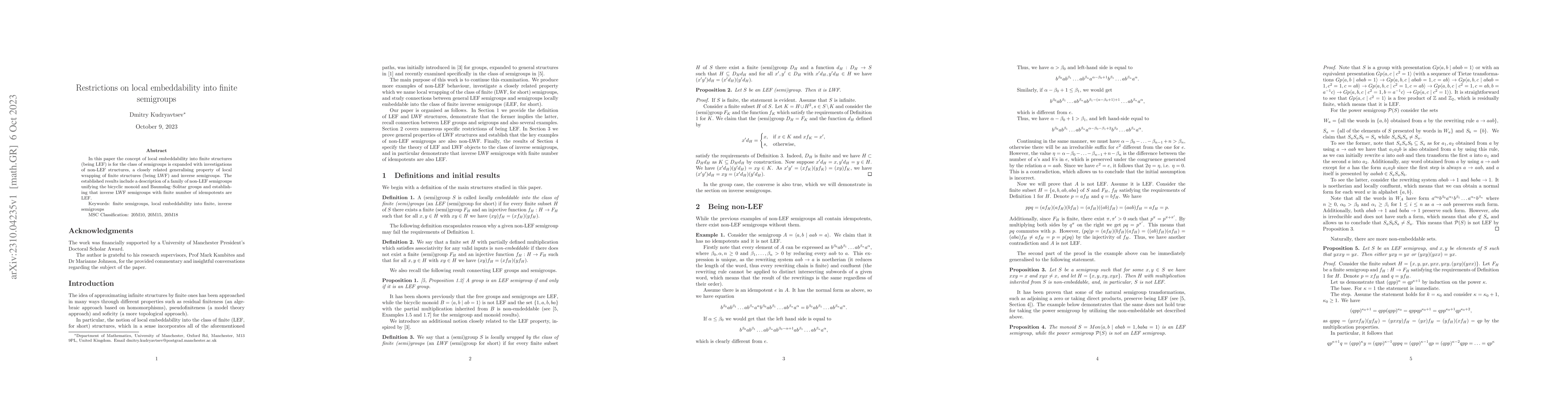 Thumbnail for Restrictions on local embeddability into finite semigroups