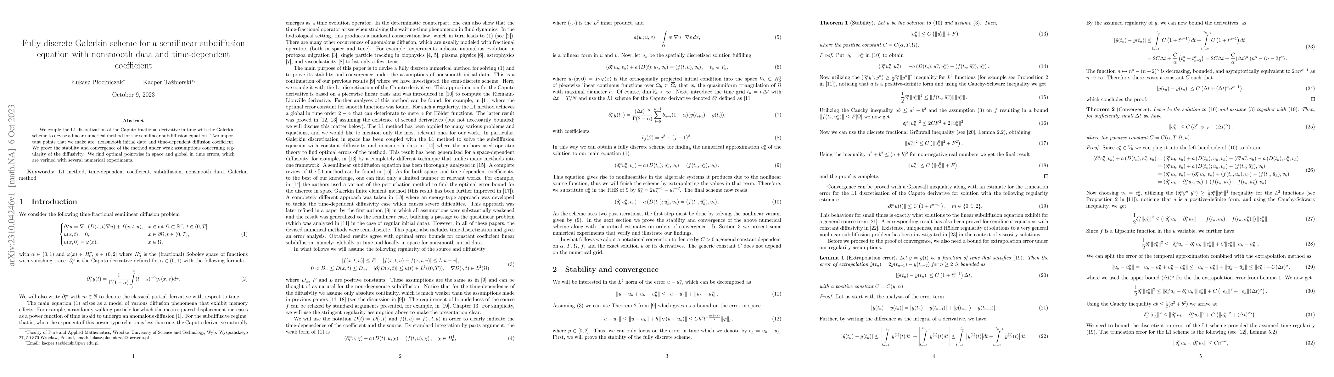 Thumbnail for Fully discrete Galerkin scheme for a semilinear subdiffusion equation
  with nonsmooth data and time-dependent coefficient