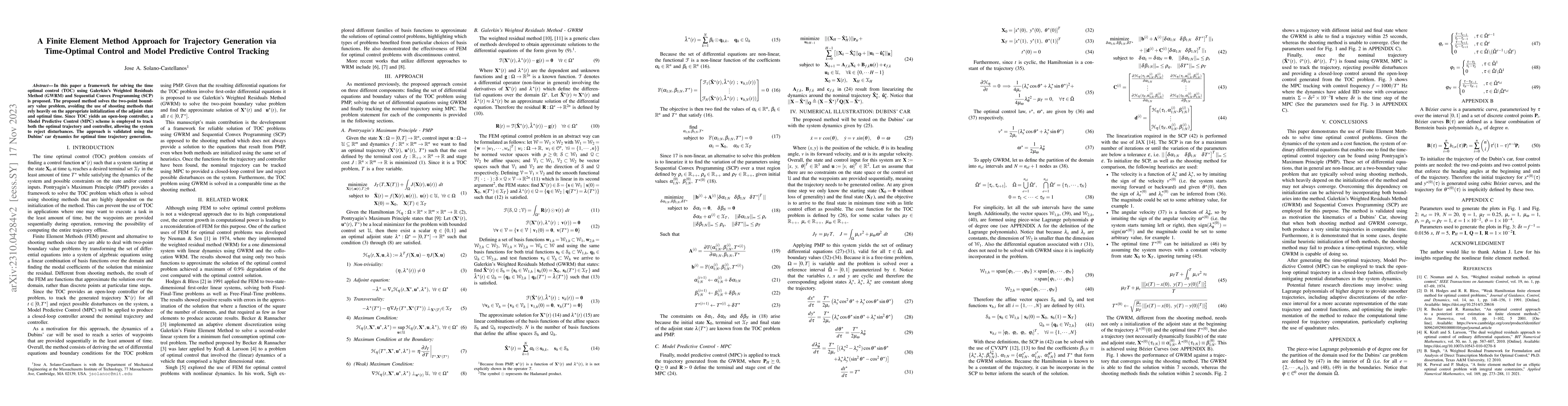 Thumbnail for A Finite Element Method Approach for Trajectory Generation via
  Time-Optimal Control and Model Predictive Control Tracking