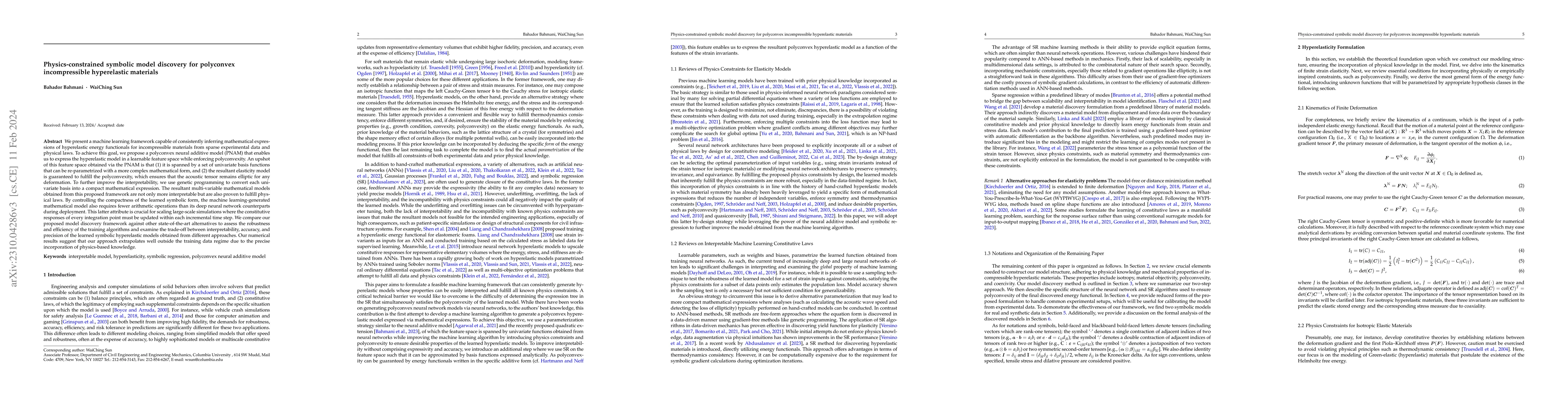 Thumbnail for Physics-constrained symbolic model discovery for polyconvex
  incompressible hyperelastic materials