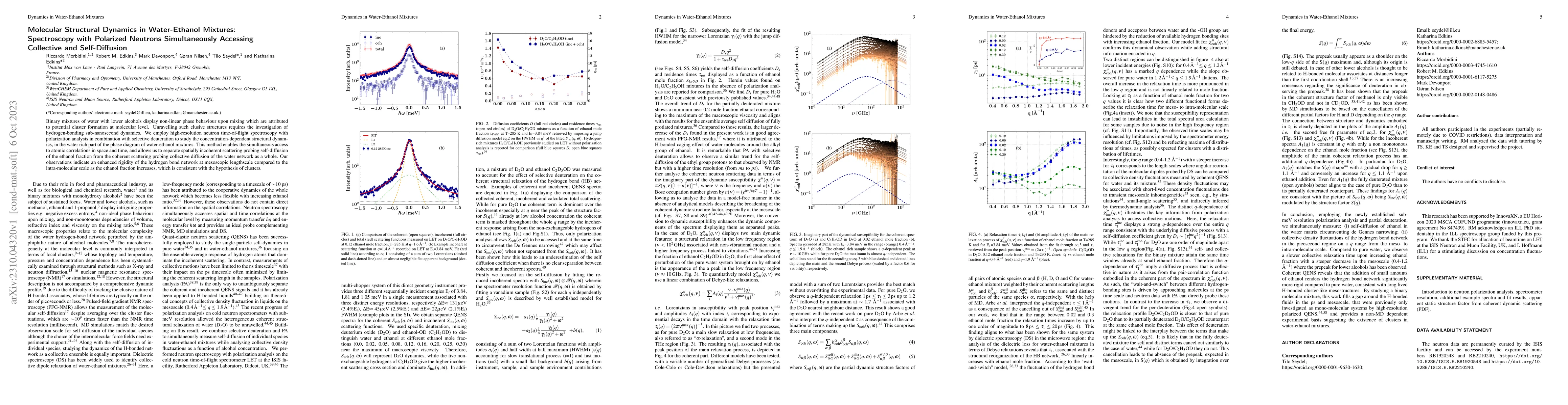 Thumbnail for Molecular Structural Dynamics in Water-Ethanol Mixtures: Spectroscopy
  with Polarized Neutrons Simultaneously Accessing Collective and
  Self-Diffusion