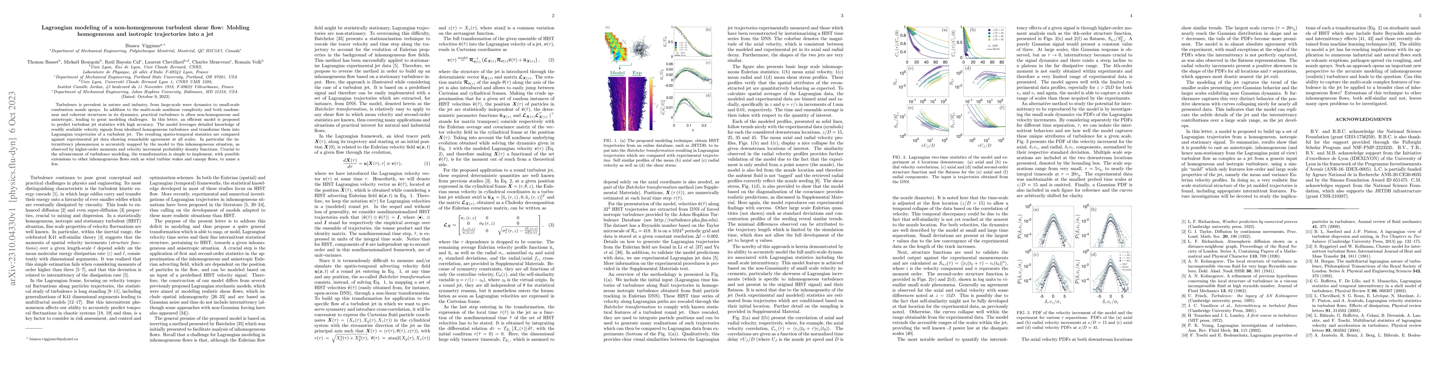 Thumbnail for Lagrangian modeling of a non-homogeneous turbulent shear flow: Molding
  homogeneous and isotropic trajectories into a jet