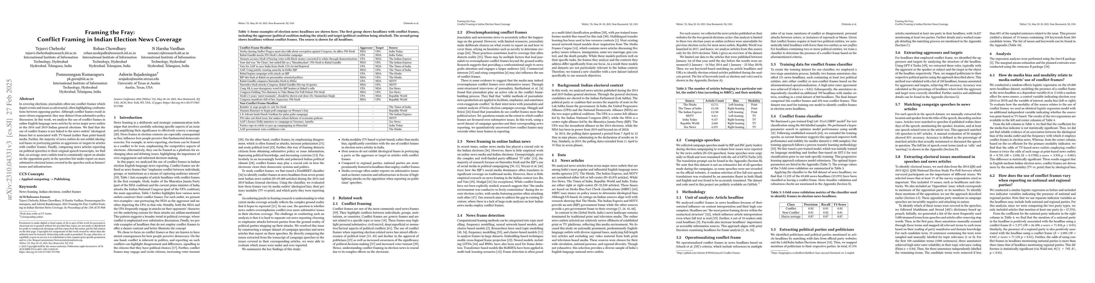 Thumbnail for Game, Set, and Conflict: Evaluating Conflict and Game Frames in Indian
  Election News Coverage