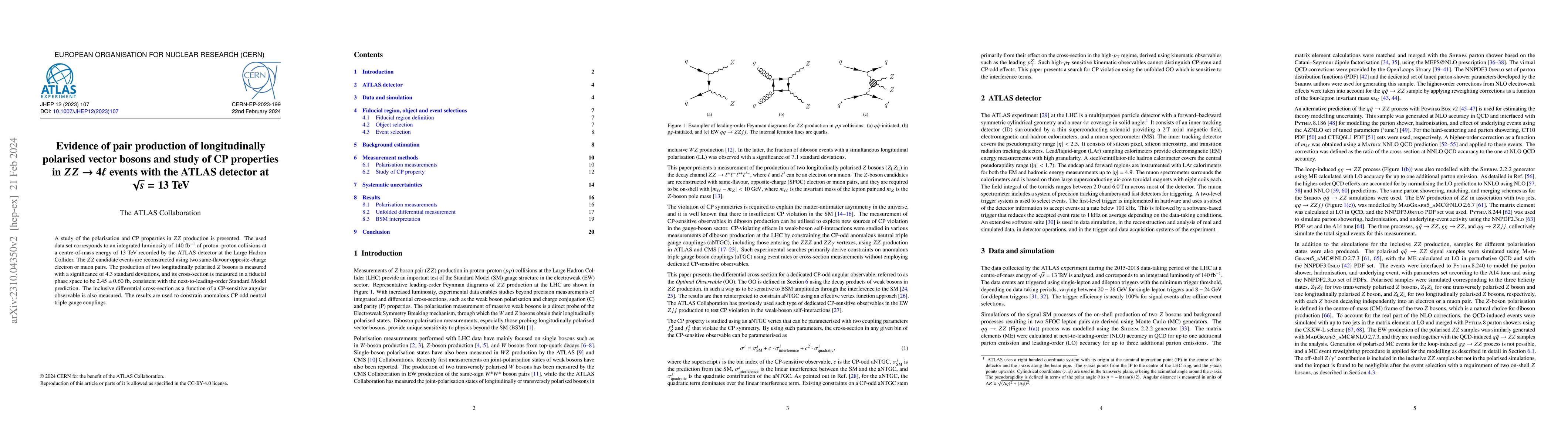Thumbnail for Evidence of pair production of longitudinally polarised vector bosons
  and study of CP properties in $ZZ \to 4\ell$ events with the ATLAS detector
  at $\sqrt{s} = 13$ TeV
