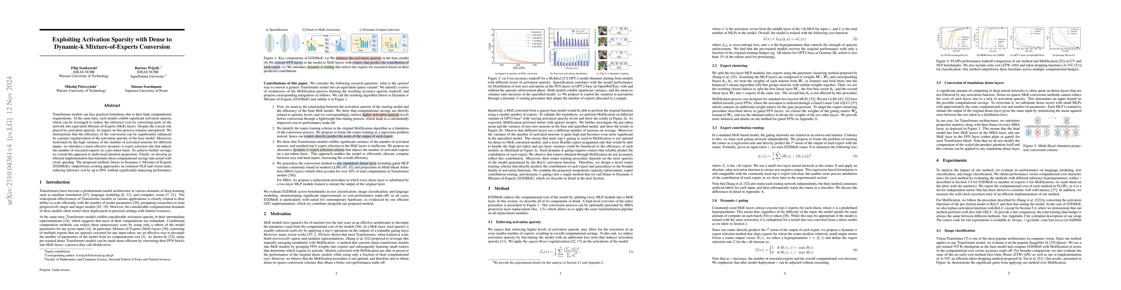 Thumbnail for Exploiting Activation Sparsity with Dense to Dynamic-k
  Mixture-of-Experts Conversion