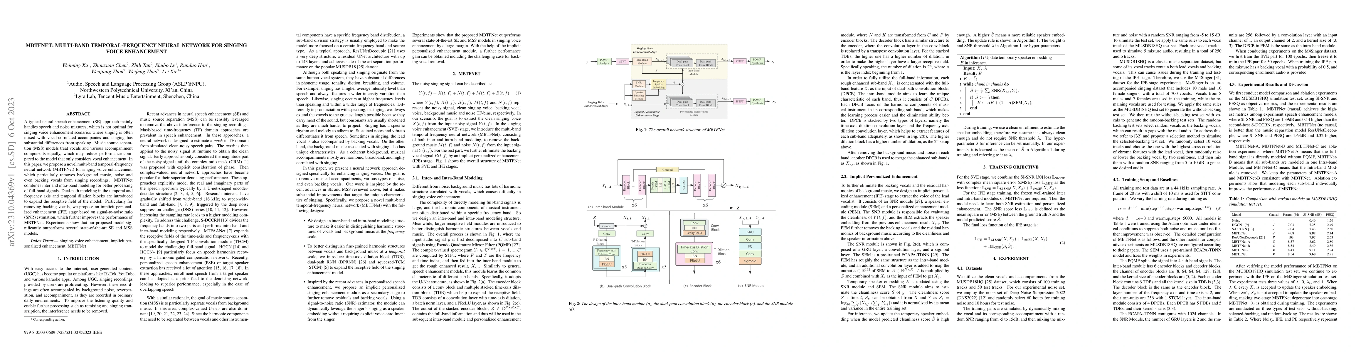 Thumbnail for MBTFNet: Multi-Band Temporal-Frequency Neural Network For Singing Voice
  Enhancement