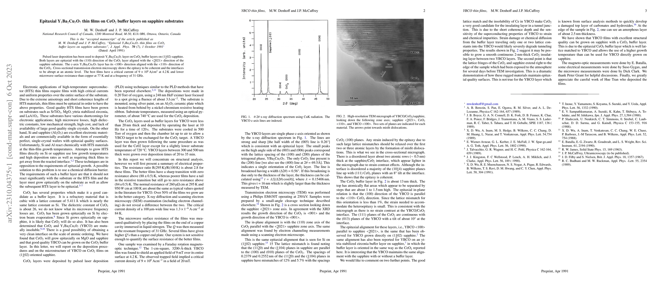 Thumbnail for Epitaxial Y1Ba2Cu3O7 thin films on CeO2 buffer layers on sapphire
  substrates