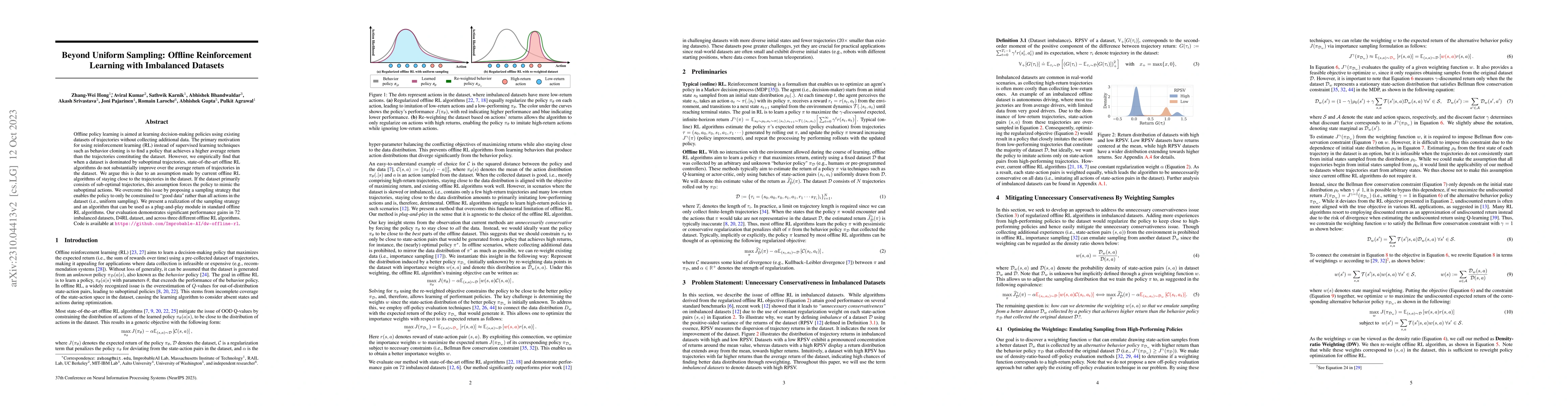 Thumbnail for Beyond Uniform Sampling: Offline Reinforcement Learning with Imbalanced
  Datasets