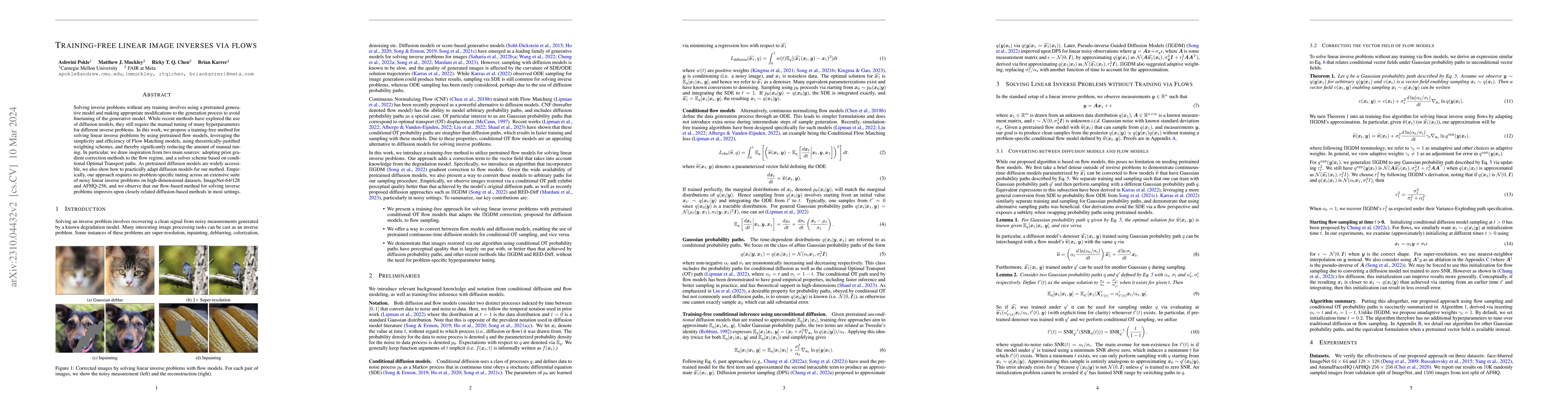 Thumbnail for Training-free Linear Image Inverses via Flows