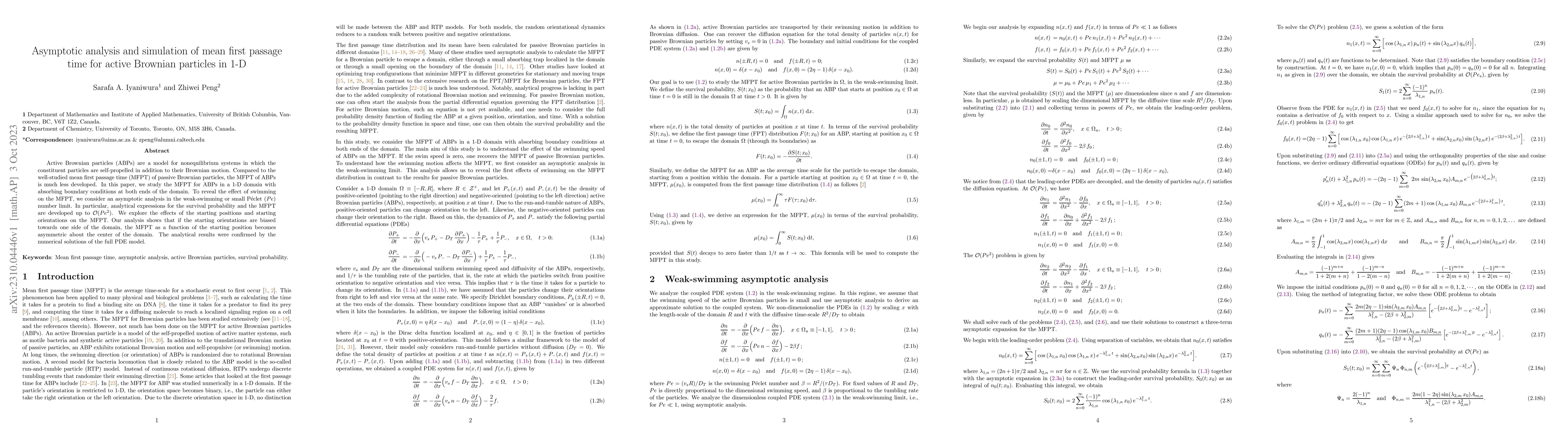Thumbnail for Asymptotic analysis and simulation of mean first passage time for active
  Brownian particles in 1-D