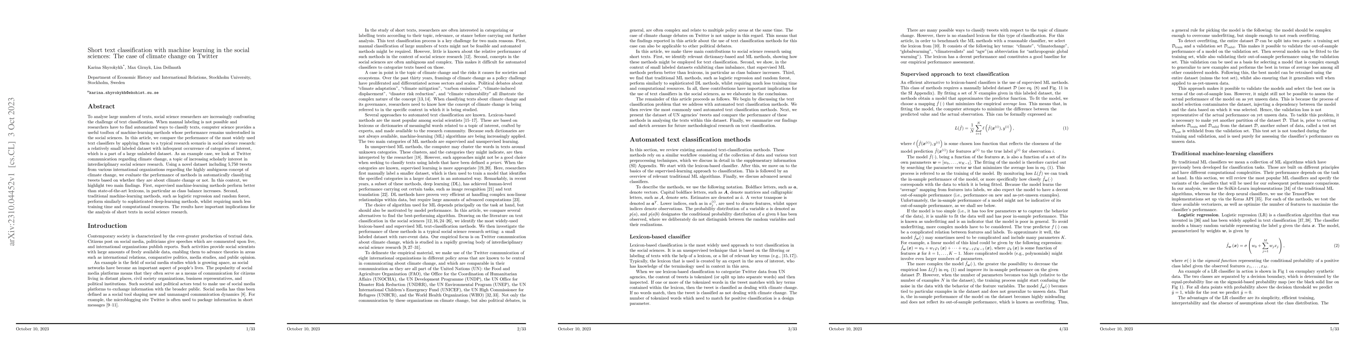 Thumbnail for Short text classification with machine learning in the social sciences:
  The case of climate change on Twitter