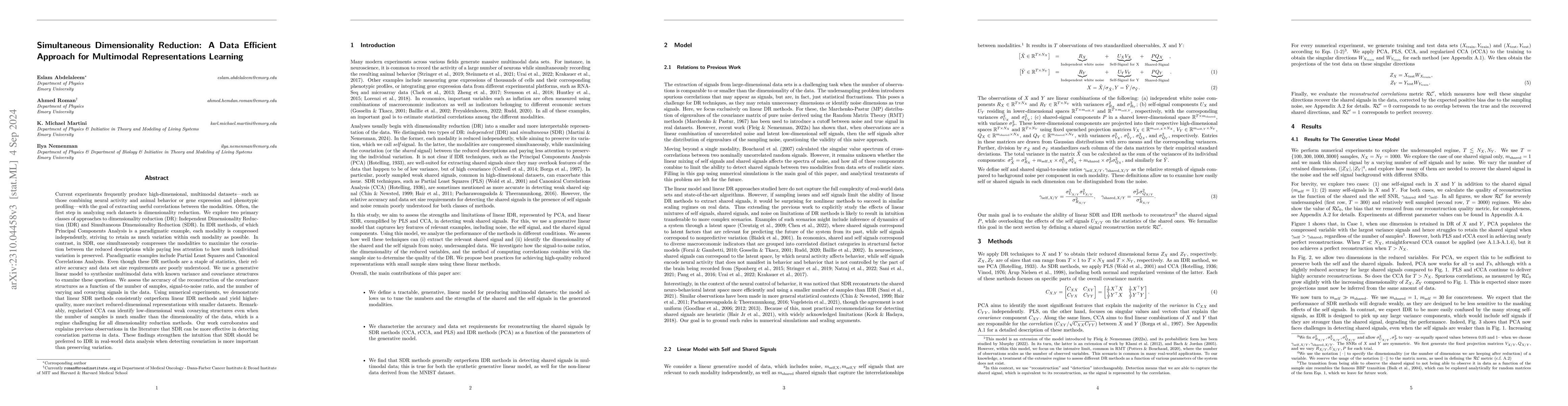Thumbnail for Simultaneous Dimensionality Reduction: A Data Efficient Approach for
  Multimodal Representations Learning