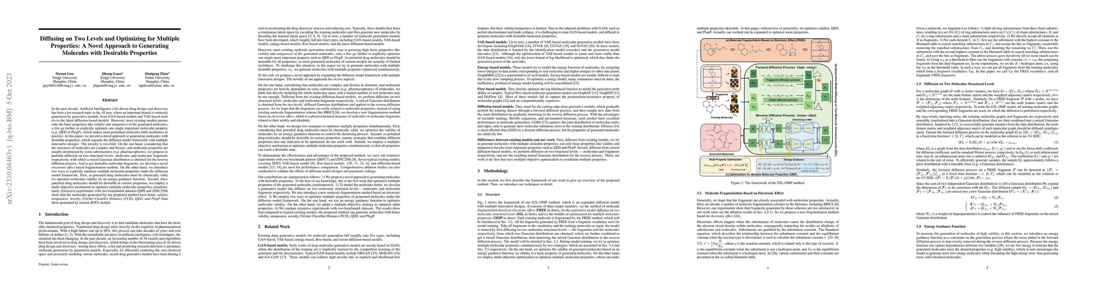 Thumbnail for Diffusing on Two Levels and Optimizing for Multiple Properties: A Novel
  Approach to Generating Molecules with Desirable Properties