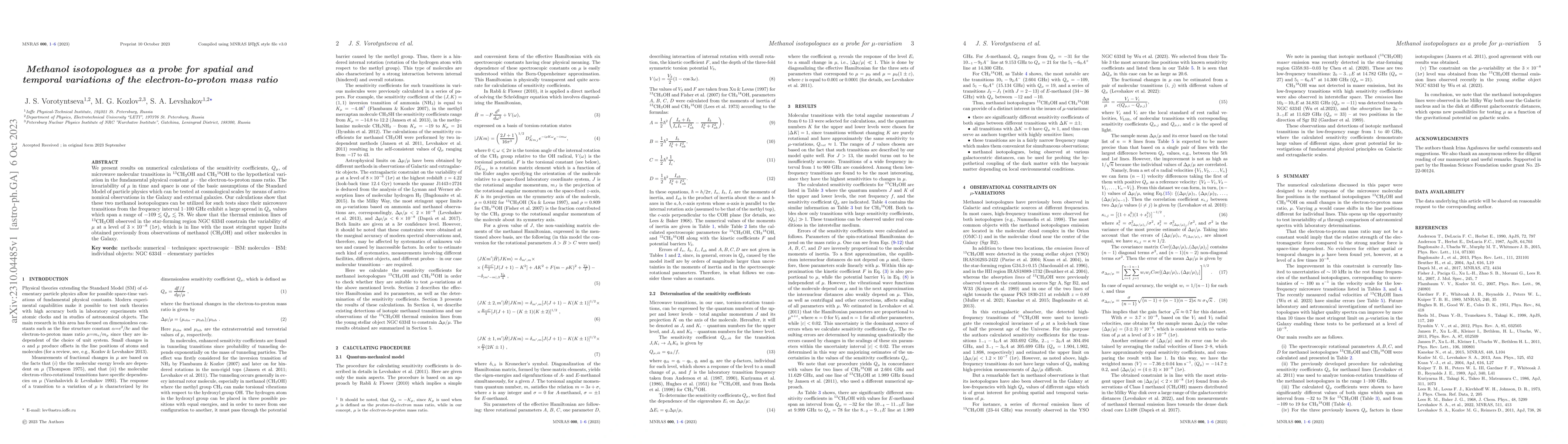 Thumbnail for Methanol isotopologues as a probe for spatial and temporal variations of
  the electron-to-proton mass ratio