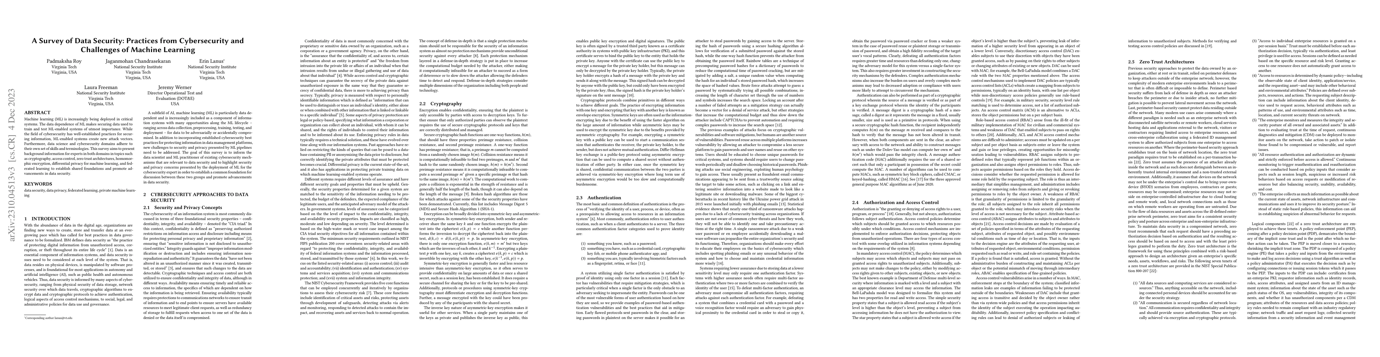 Thumbnail for A Survey of Data Security: Practices from Cybersecurity and Challenges
  of Machine Learning