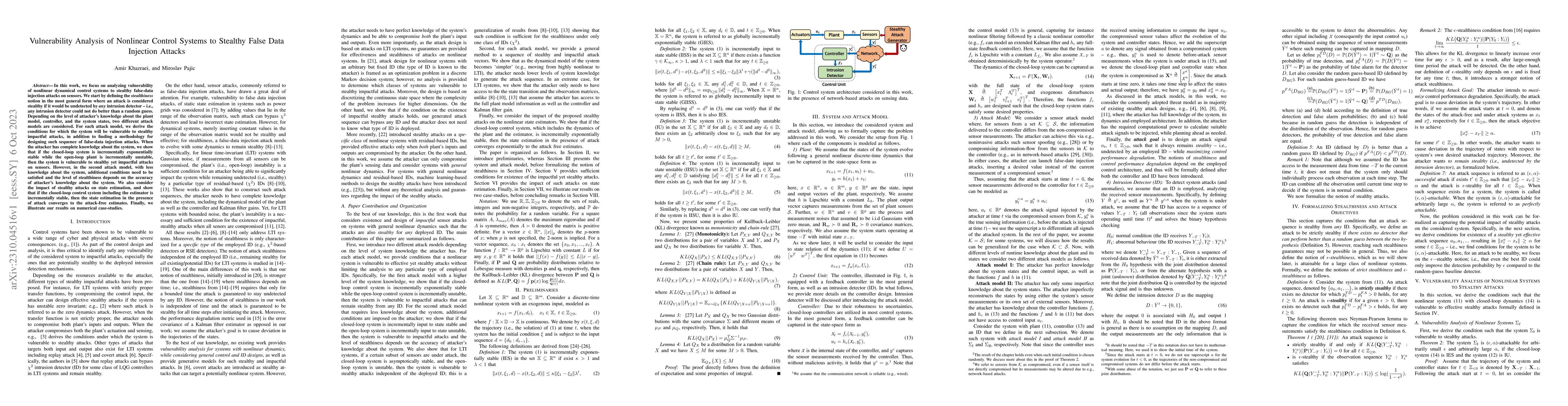 Thumbnail for Vulnerability Analysis of Nonlinear Control Systems to Stealthy False
  Data Injection Attacks