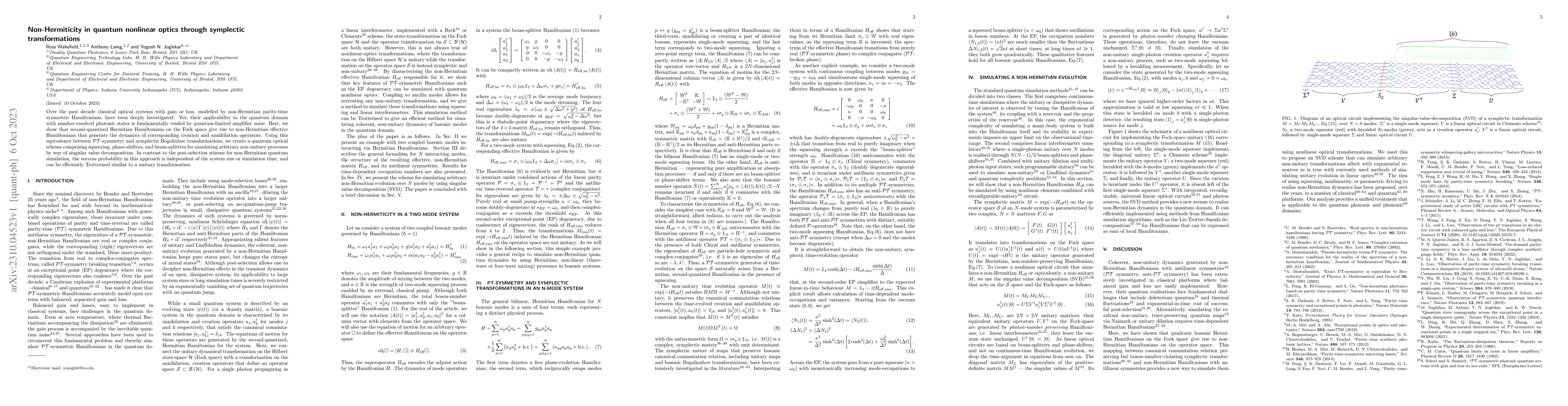 Thumbnail for Non-Hermiticity in quantum nonlinear optics through symplectic
  transformations