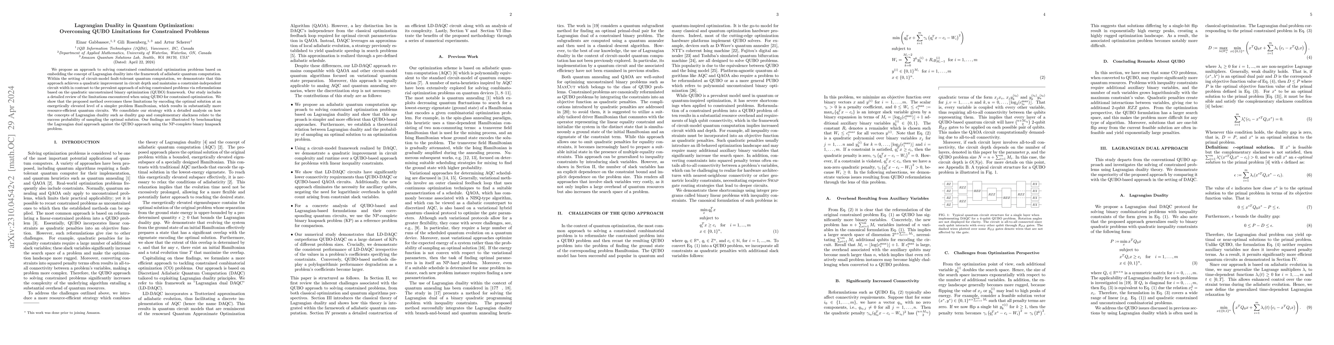 Thumbnail for Lagrangian Duality in Quantum Optimization: Overcoming QUBO Limitations
  for Constrained Problems