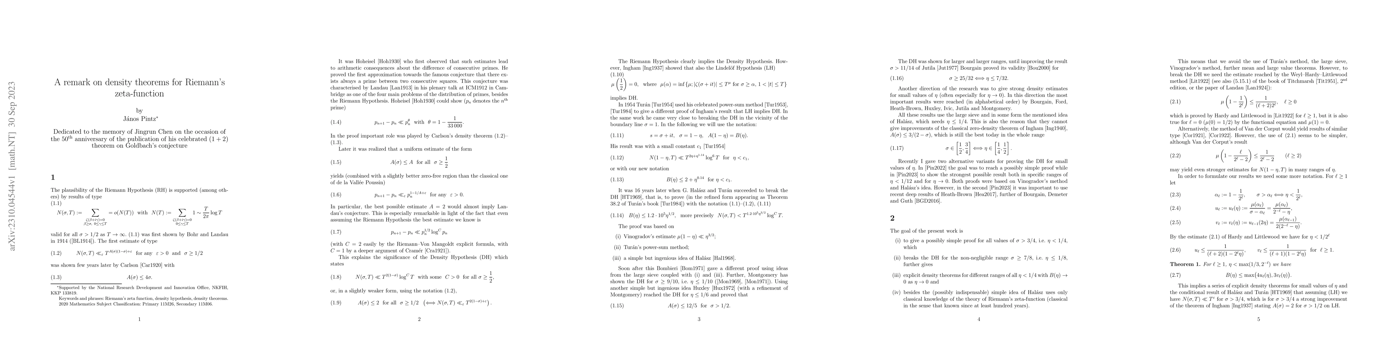 Thumbnail for A remark on density theorems for Riemann's zeta-function