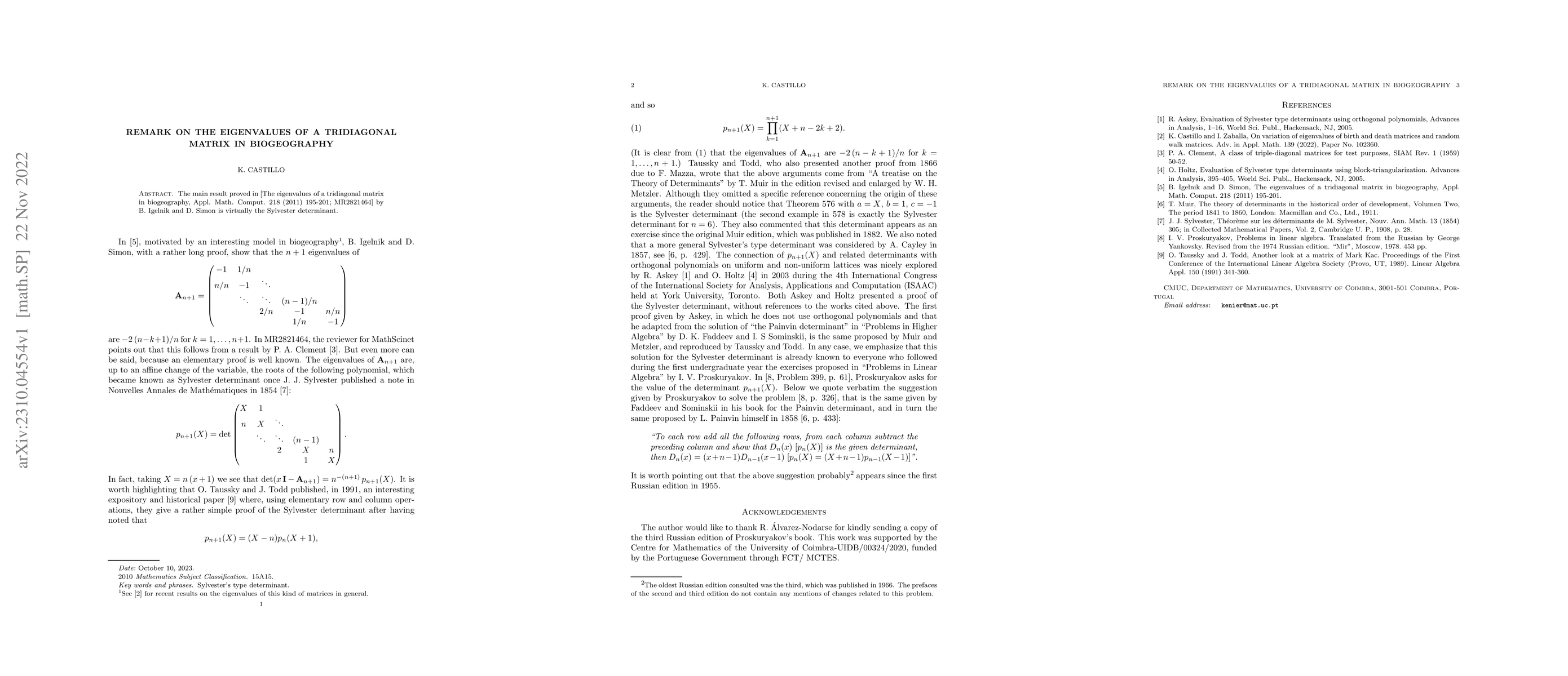 Thumbnail for Remark on the eigenvalues of a tridiagonal matrix in biogeography