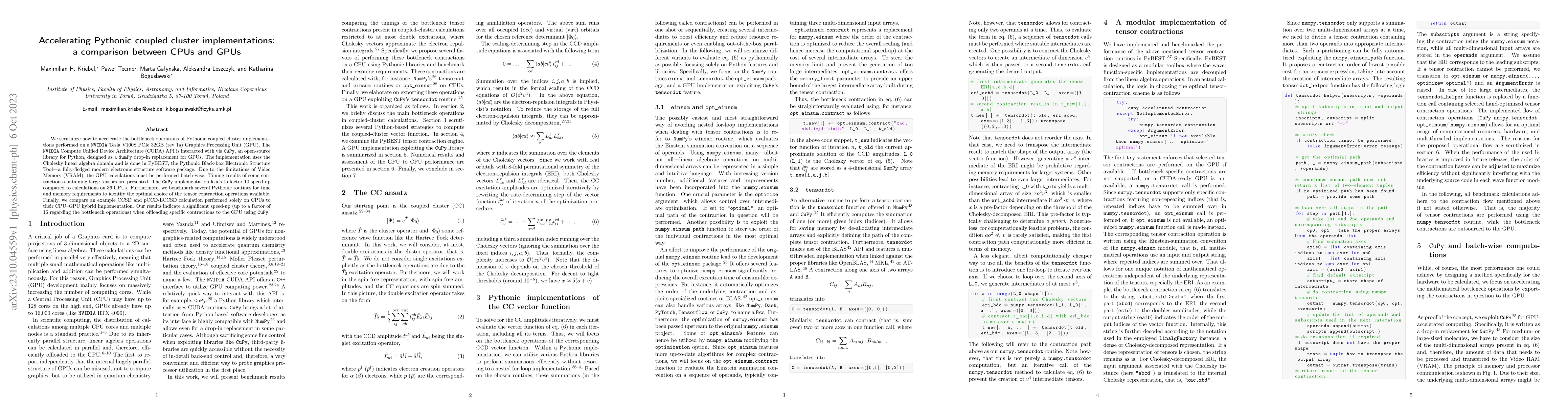Thumbnail for Accelerating Pythonic coupled cluster implementations: a comparison
  between CPUs and GPUs