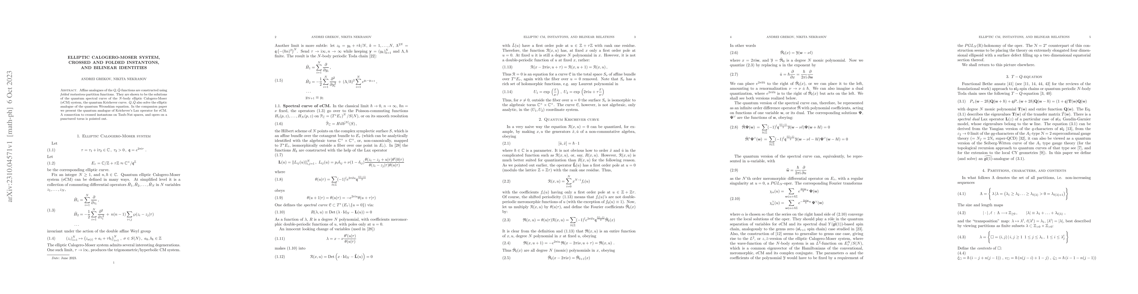 Thumbnail for Elliptic Calogero-Moser system, crossed and folded instantons, and
  bilinear identities