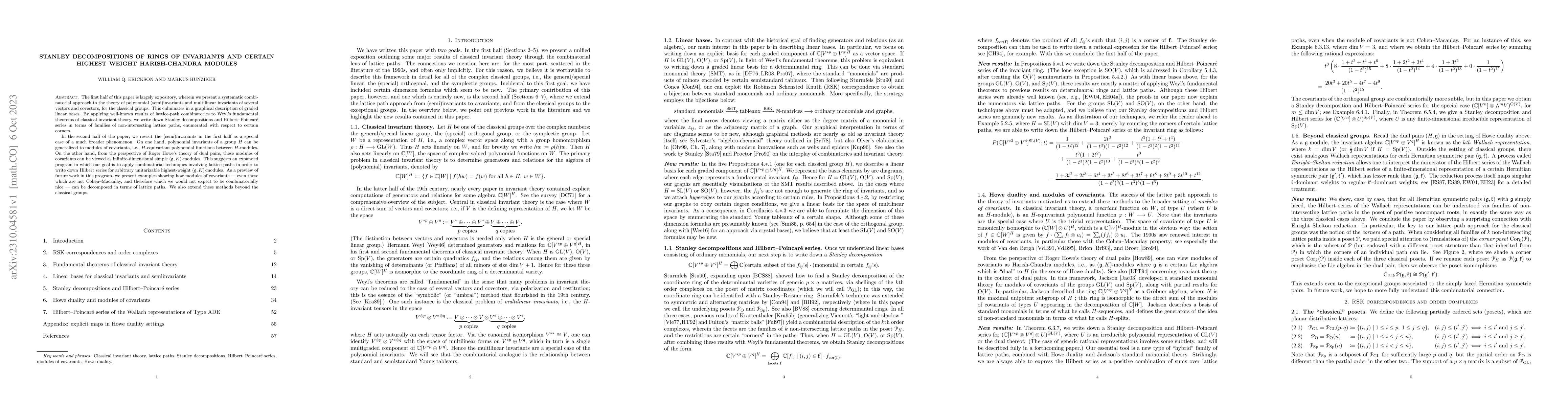 Thumbnail for Stanley decompositions of rings of invariants and certain highest weight
  Harish-Chandra modules