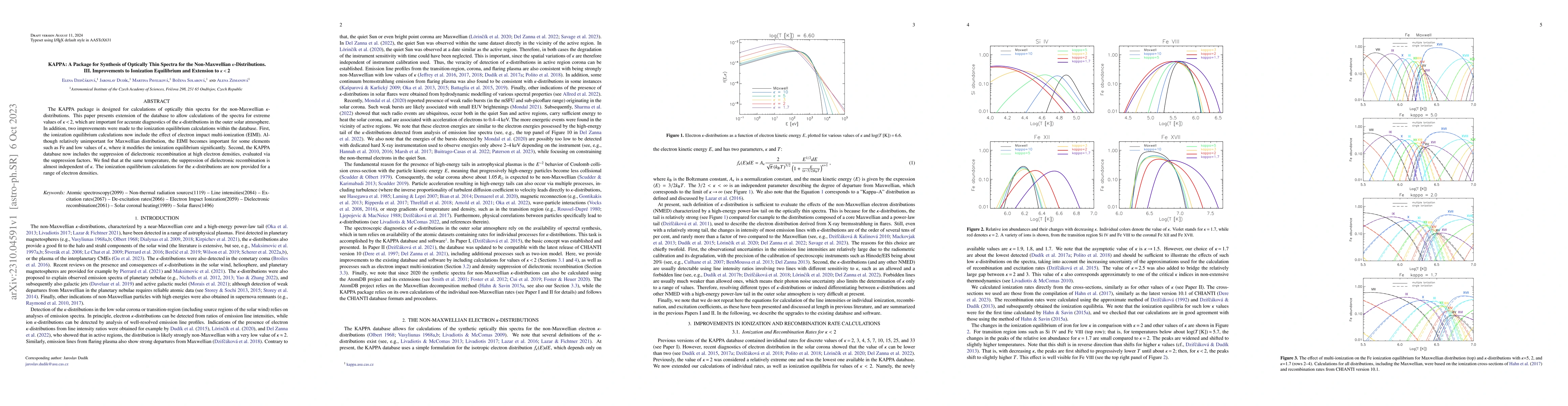 Thumbnail for KAPPA: A Package for Synthesis of Optically Thin Spectra for the
  Non-Maxwellian Kappa-Distributions. III. Improvements to Ionization
  Equilibrium and Extension to Kappa < 2