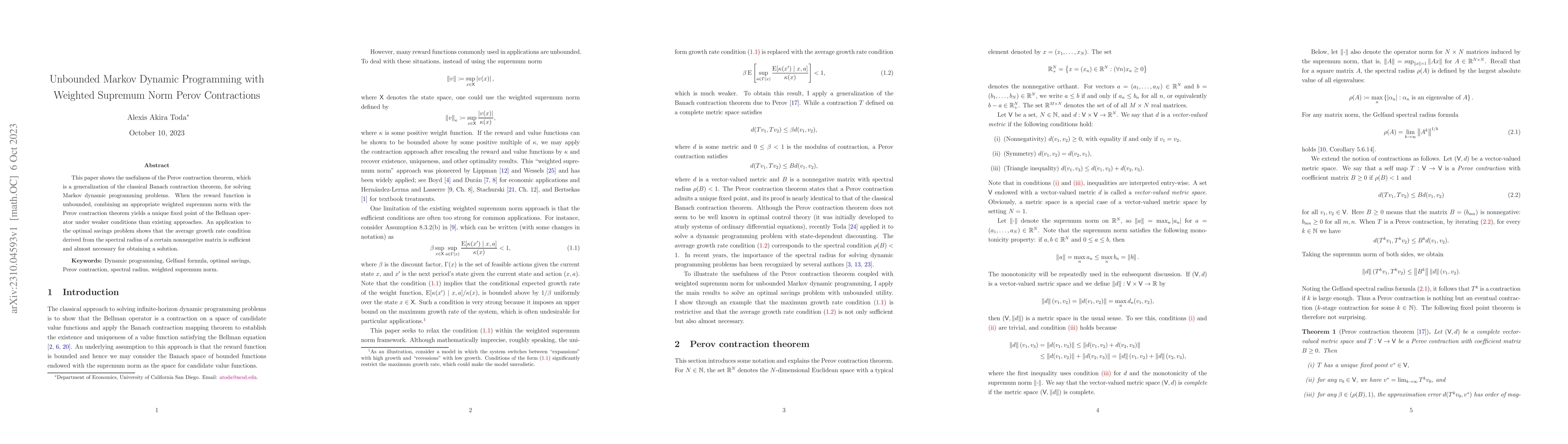Thumbnail for Unbounded Markov Dynamic Programming with Weighted Supremum Norm Perov
  Contractions