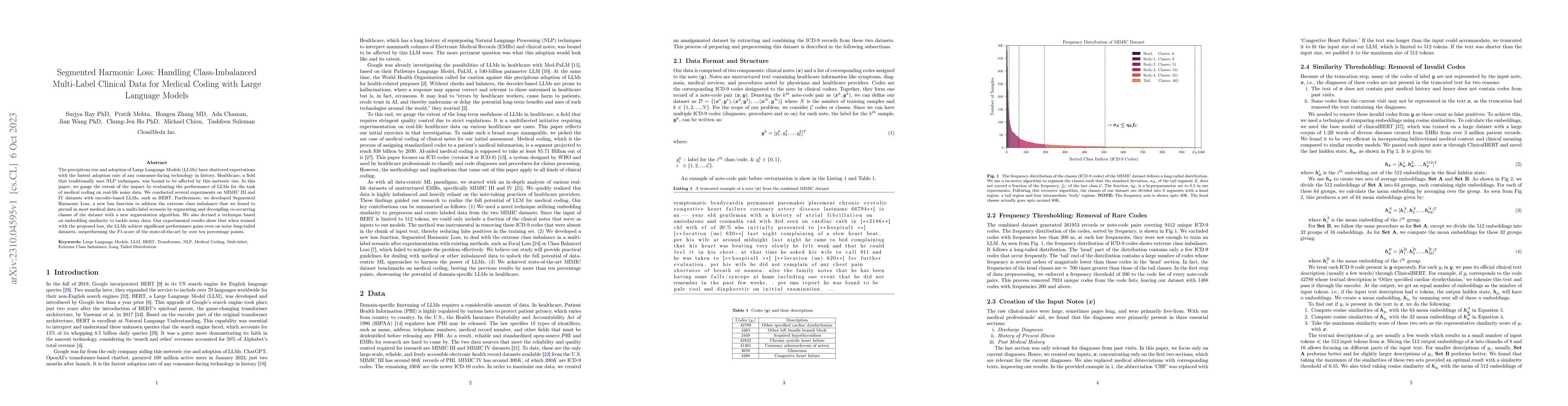 Thumbnail for Segmented Harmonic Loss: Handling Class-Imbalanced Multi-Label Clinical
  Data for Medical Coding with Large Language Models
