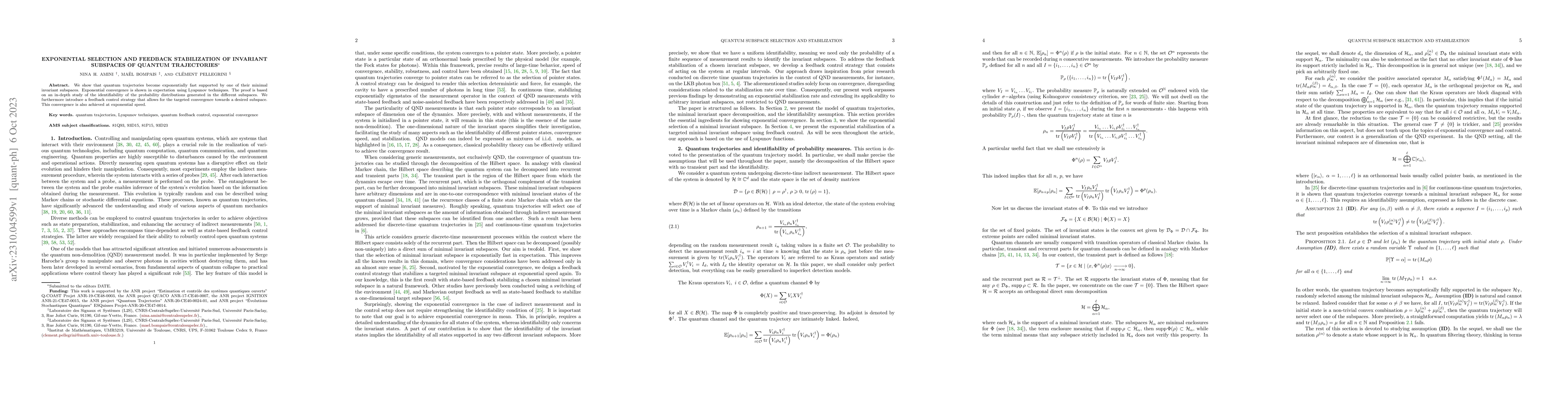 Thumbnail for Exponential Selection and Feedback Stabilization of Invariant Subspaces
  of Quantum Trajectories
