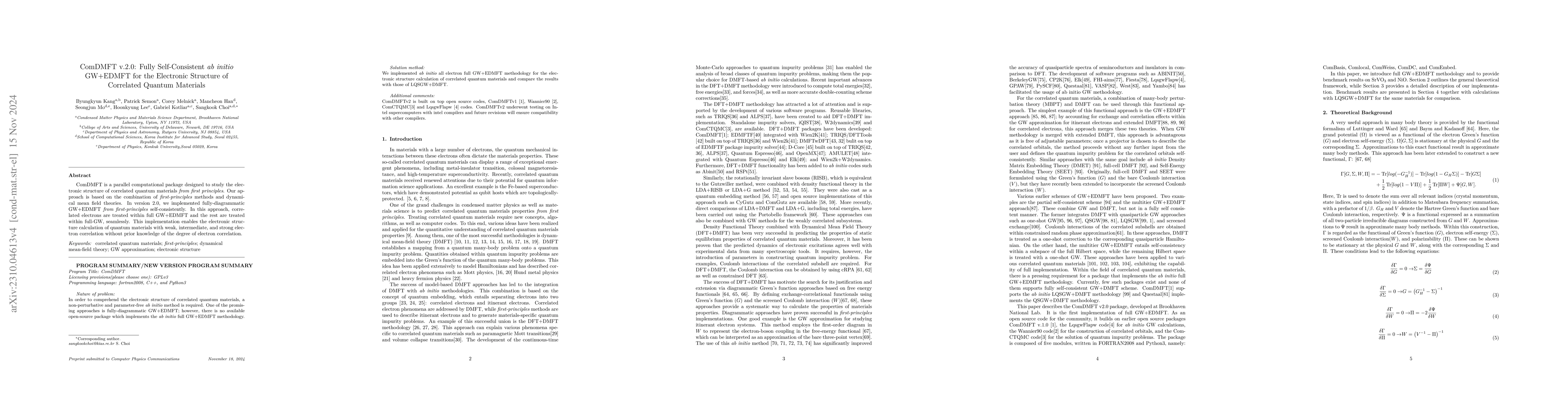 Thumbnail for ComDMFT v.2.0: Fully Self-Consistent ab initio GW+EDMFT for the
  Electronic Structure of Correlated Quantum Materials
