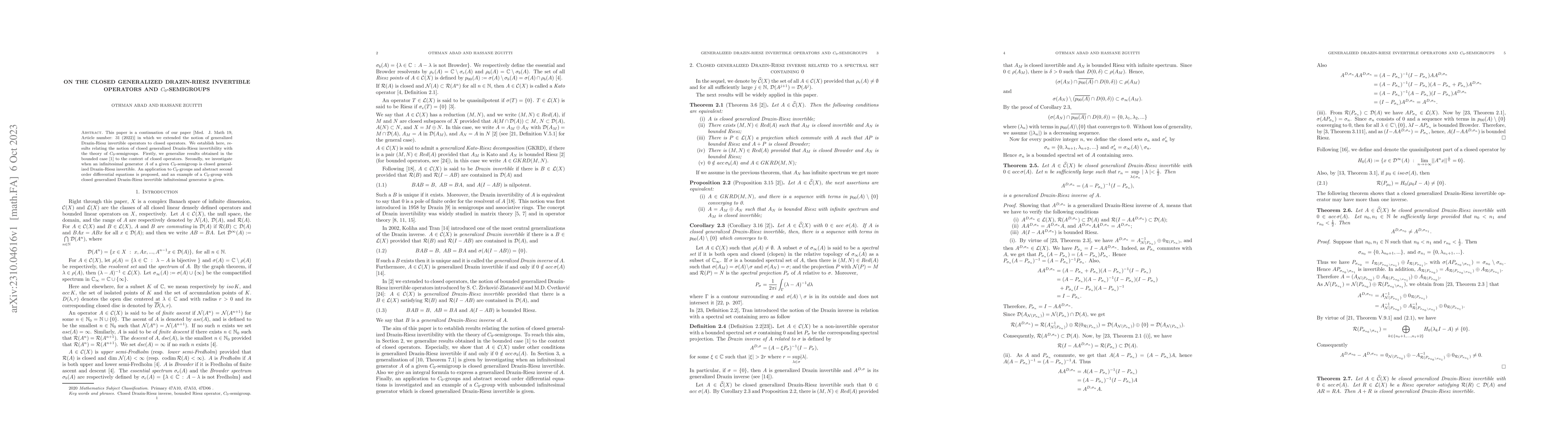 Thumbnail for On the closed generalized Drazin-Riesz invertible operators and
  $C_{0}$-semigroups