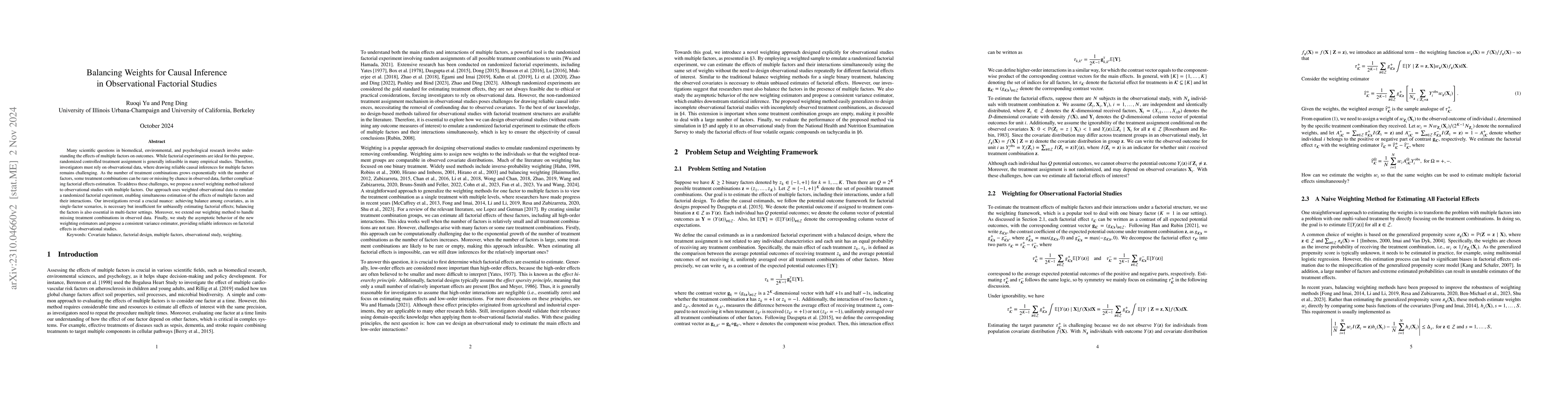 Thumbnail for Balancing Weights for Causal Inference in Observational Factorial
  Studies
