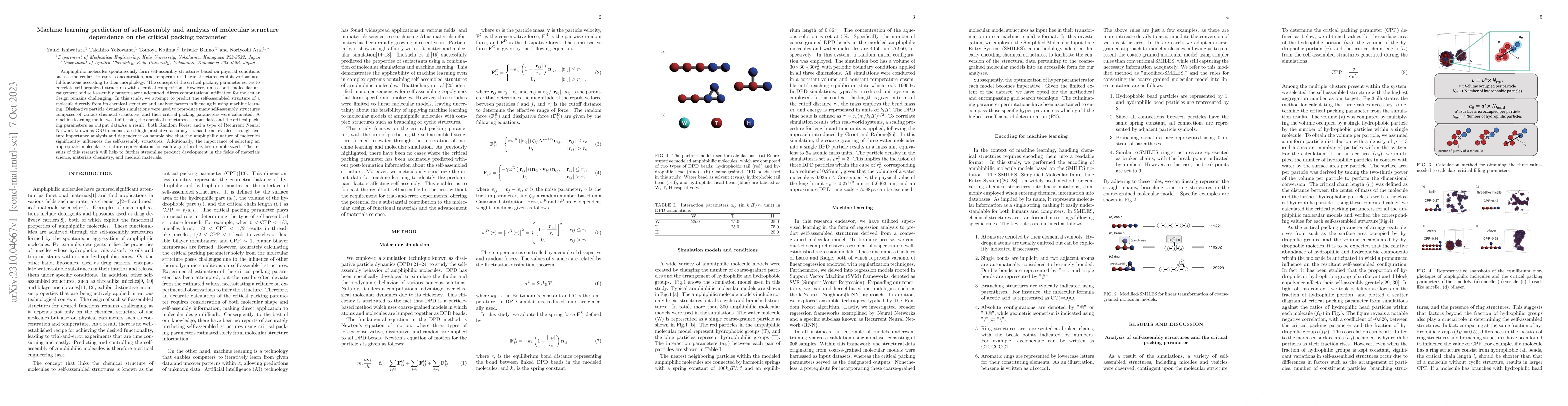 Thumbnail for Machine learning prediction of self-assembly and analysis of molecular
  structure dependence on the critical packing parameter