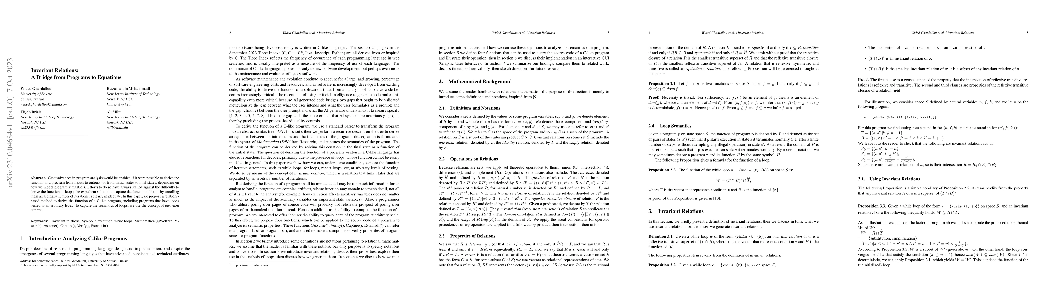 Thumbnail for Invariant Relations: A Bridge from Programs to Equations