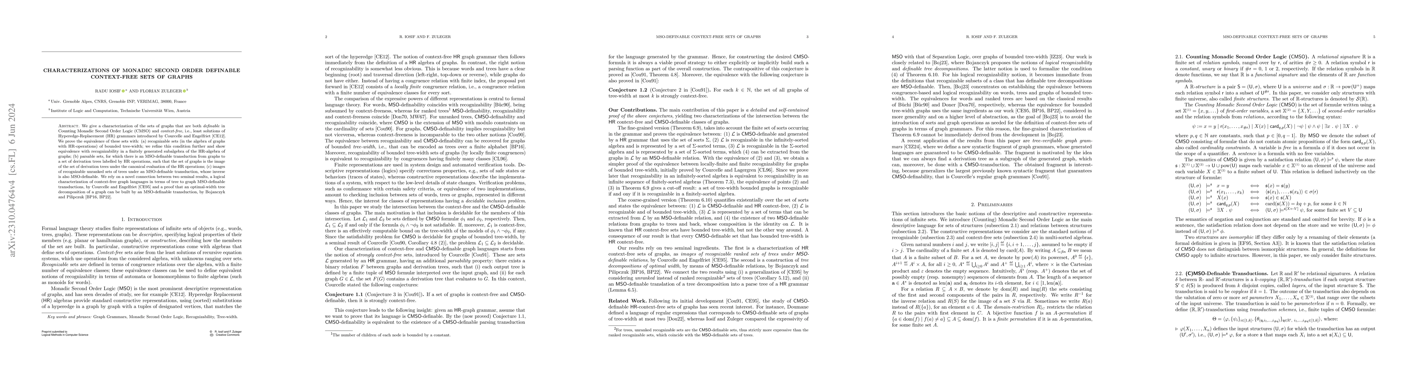 Thumbnail for Characterizations of Monadic Second Order Definable Context-Free Sets of
  Graphs