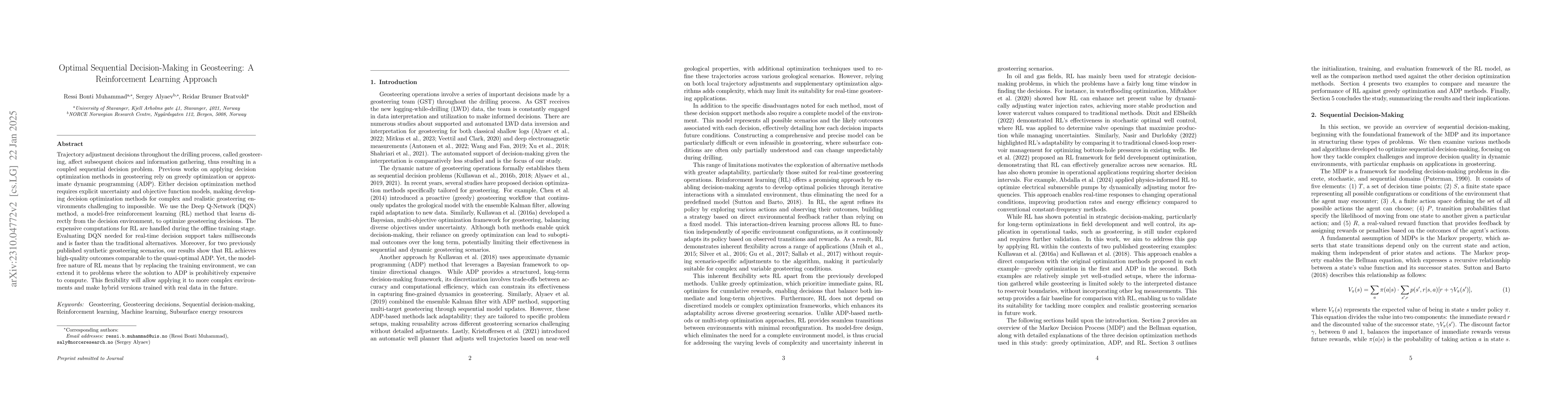 Thumbnail for Optimal Sequential Decision-Making in Geosteering: A Reinforcement
  Learning Approach