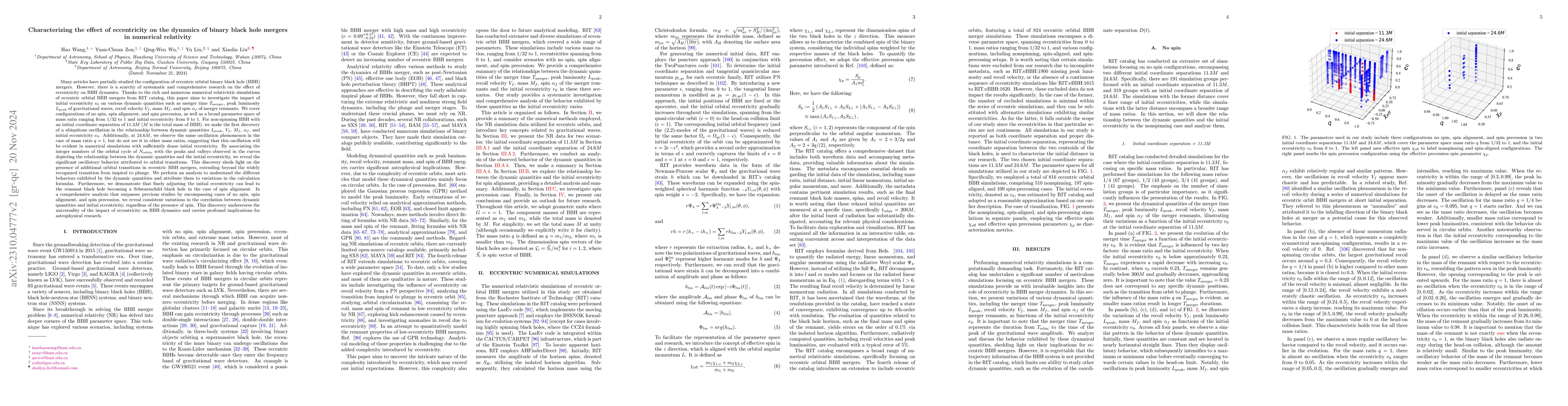 Thumbnail for Characterizing the effect of eccentricity on the dynamics of binary
  black hole mergers in numerical relativity