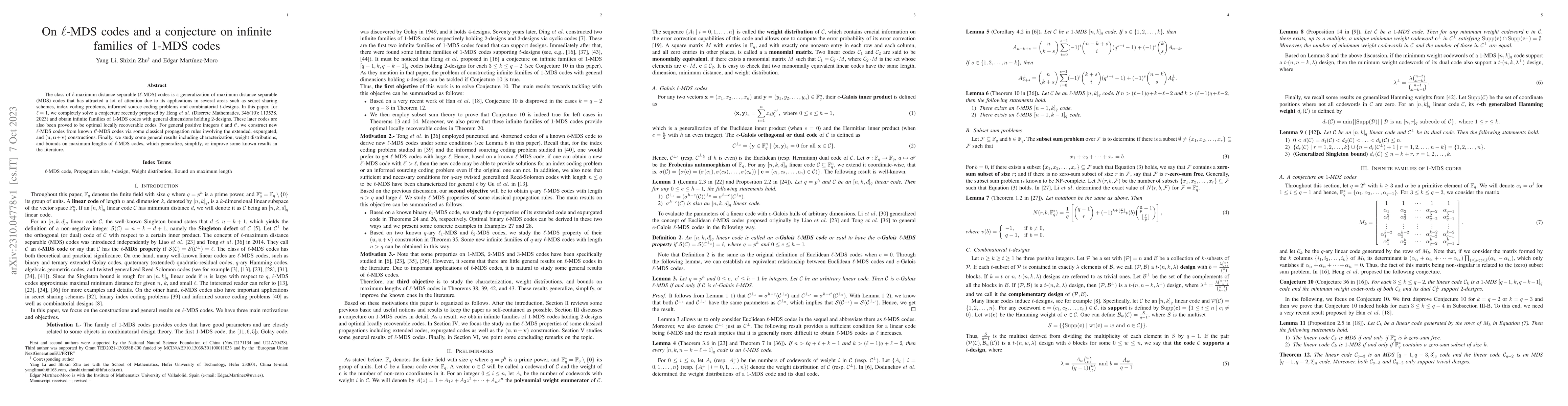 Thumbnail for On $\ell$-MDS codes and a conjecture on infinite families of $1$-MDS
  codes