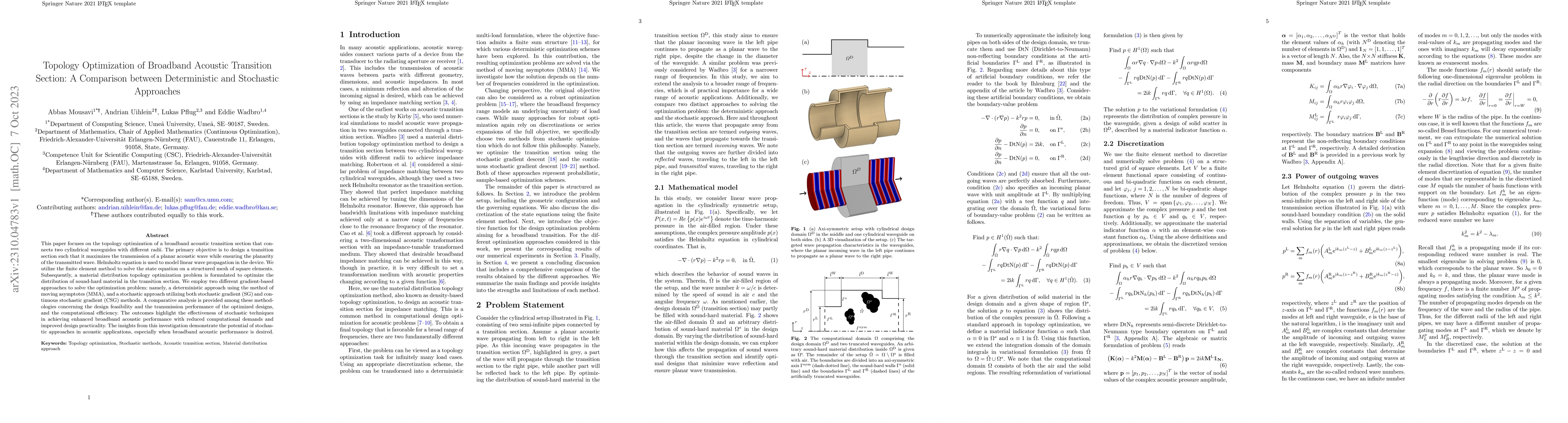 Thumbnail for Topology Optimization of Broadband Acoustic Transition Section: A
  Comparison between Deterministic and Stochastic Approaches