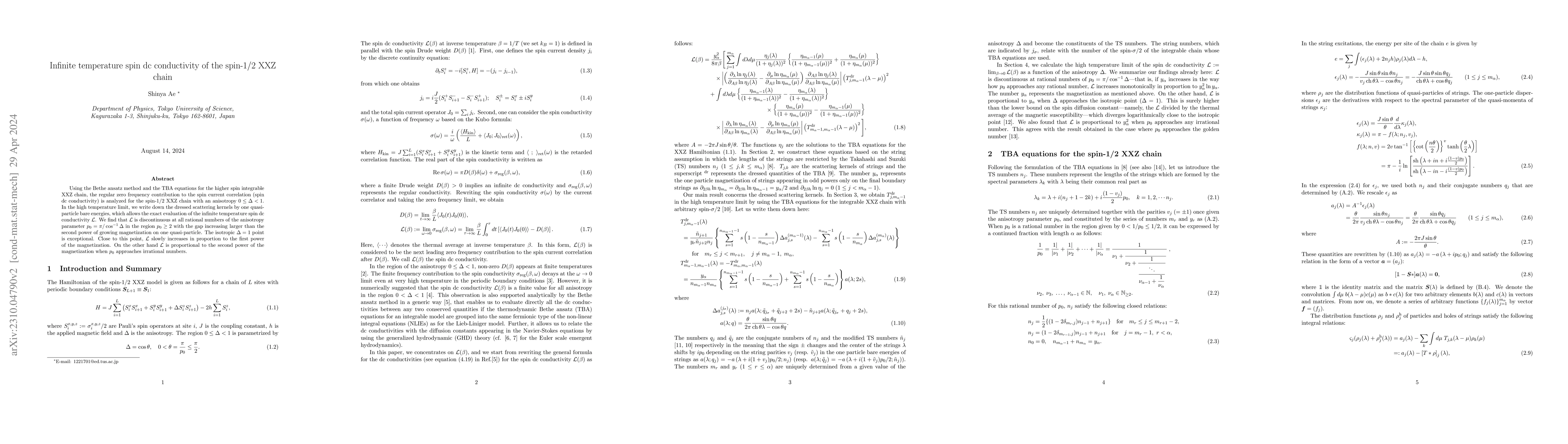 Thumbnail for Infinite temperature spin dc conductivity of the spin-1/2 XXZ chain