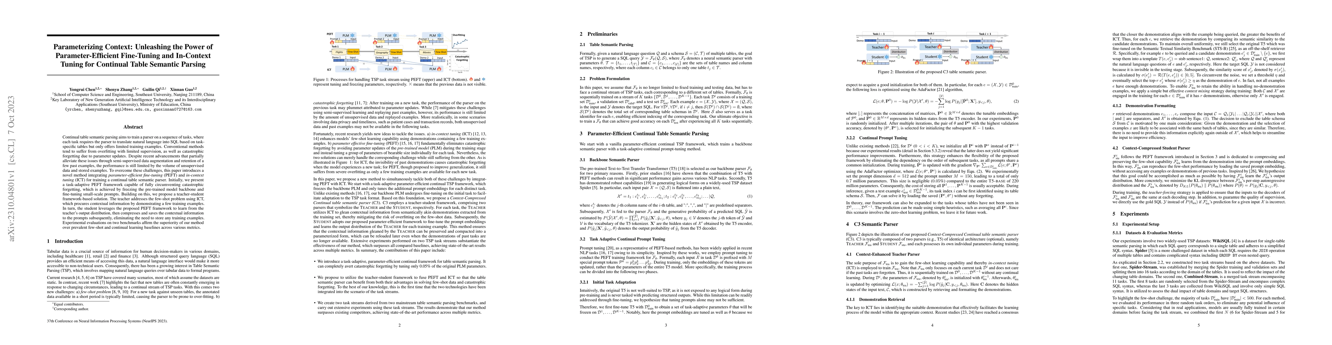 Thumbnail for Parameterizing Context: Unleashing the Power of Parameter-Efficient
  Fine-Tuning and In-Context Tuning for Continual Table Semantic Parsing