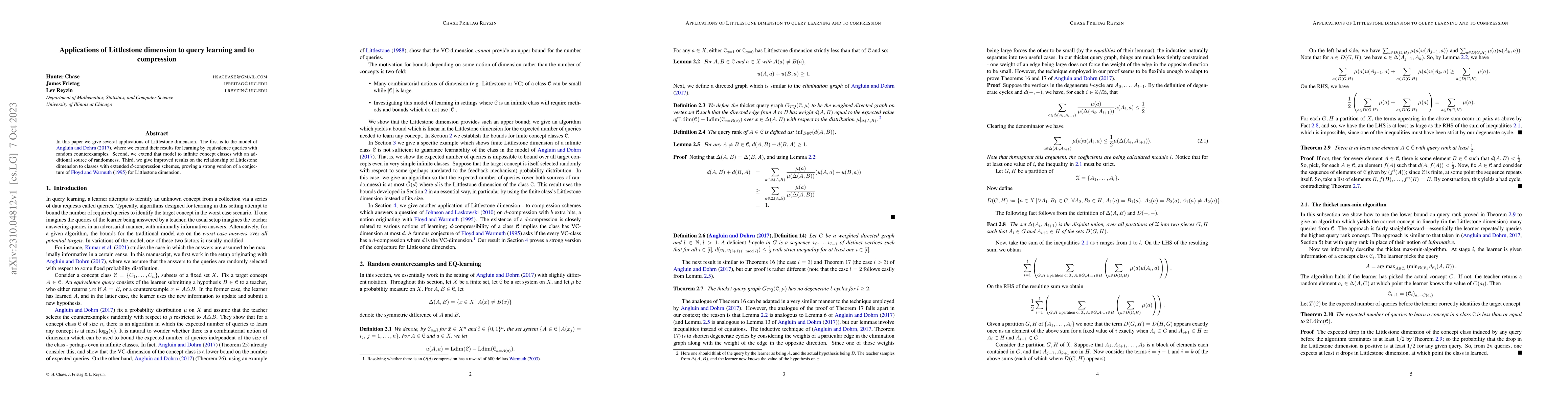 Thumbnail for Applications of Littlestone dimension to query learning and to
  compression