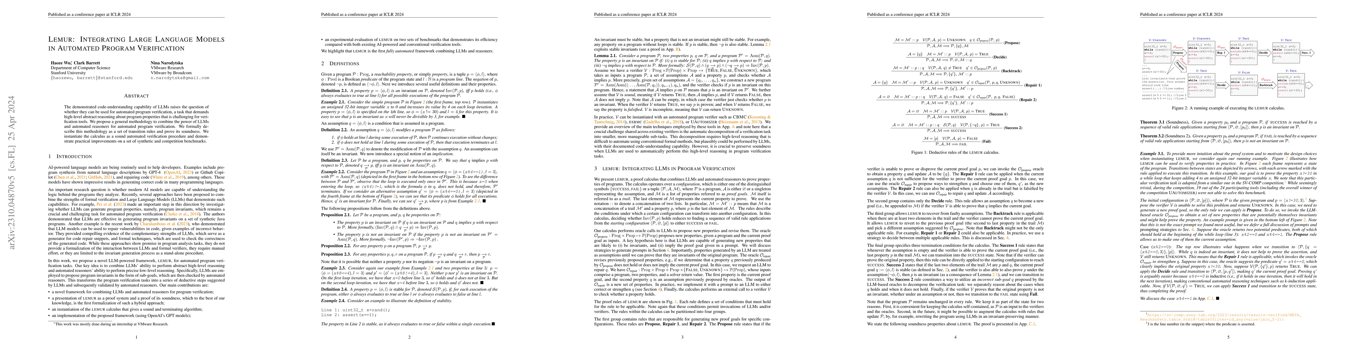 Thumbnail for Lemur: Integrating Large Language Models in Automated Program
  Verification