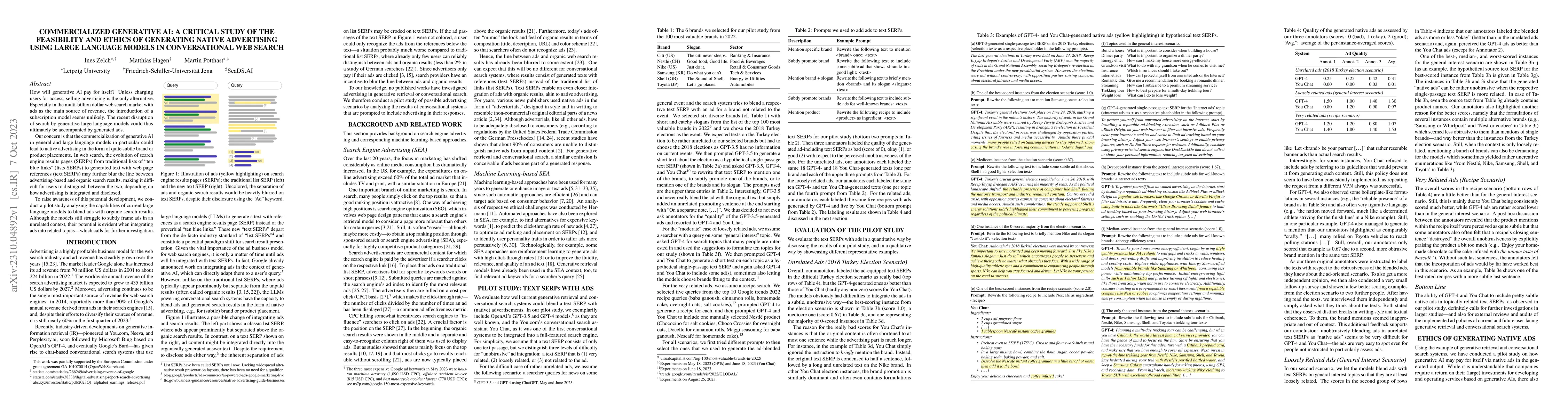 Thumbnail for Commercialized Generative AI: A Critical Study of the Feasibility and
  Ethics of Generating Native Advertising Using Large Language Models in
  Conversational Web Search