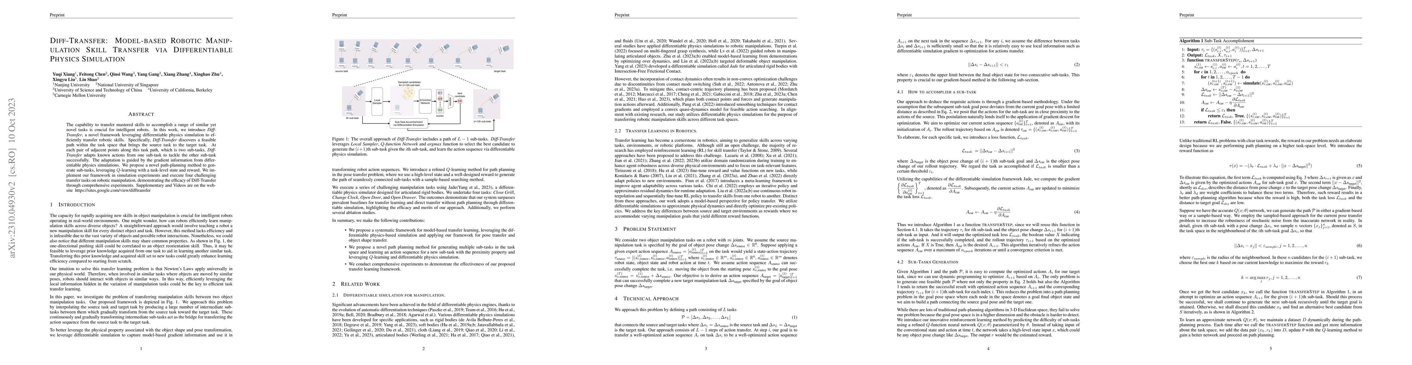 Thumbnail for Diff-Transfer: Model-based Robotic Manipulation Skill Transfer via
  Differentiable Physics Simulation