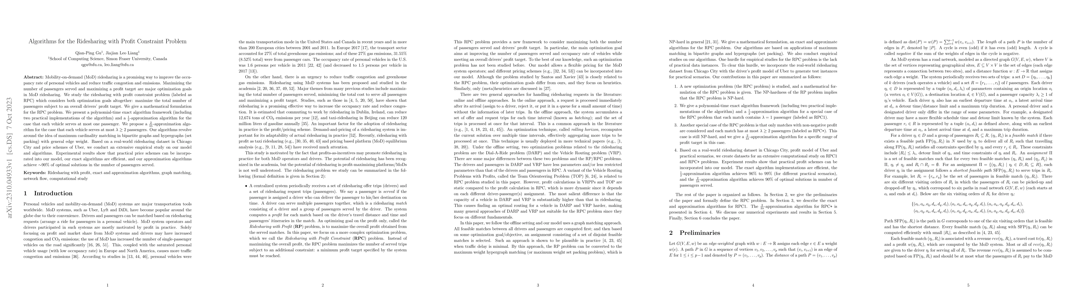 Thumbnail for Algorithms for the Ridesharing with Profit Constraint Problem